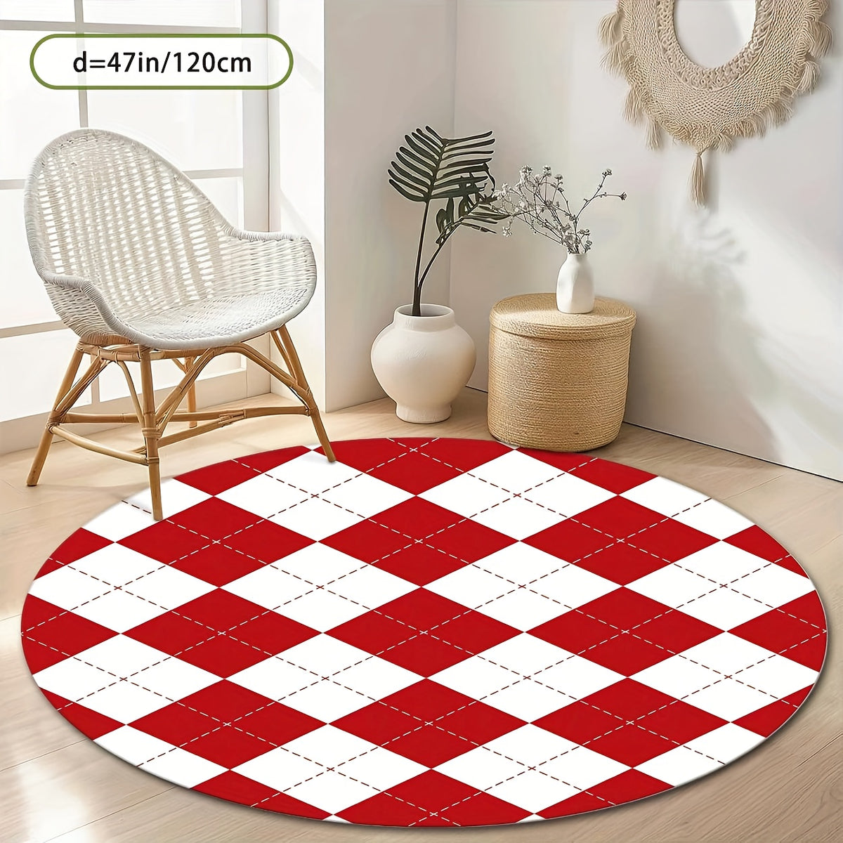 Tapis rond à losanges rouge et blanc, format unique Ø 160