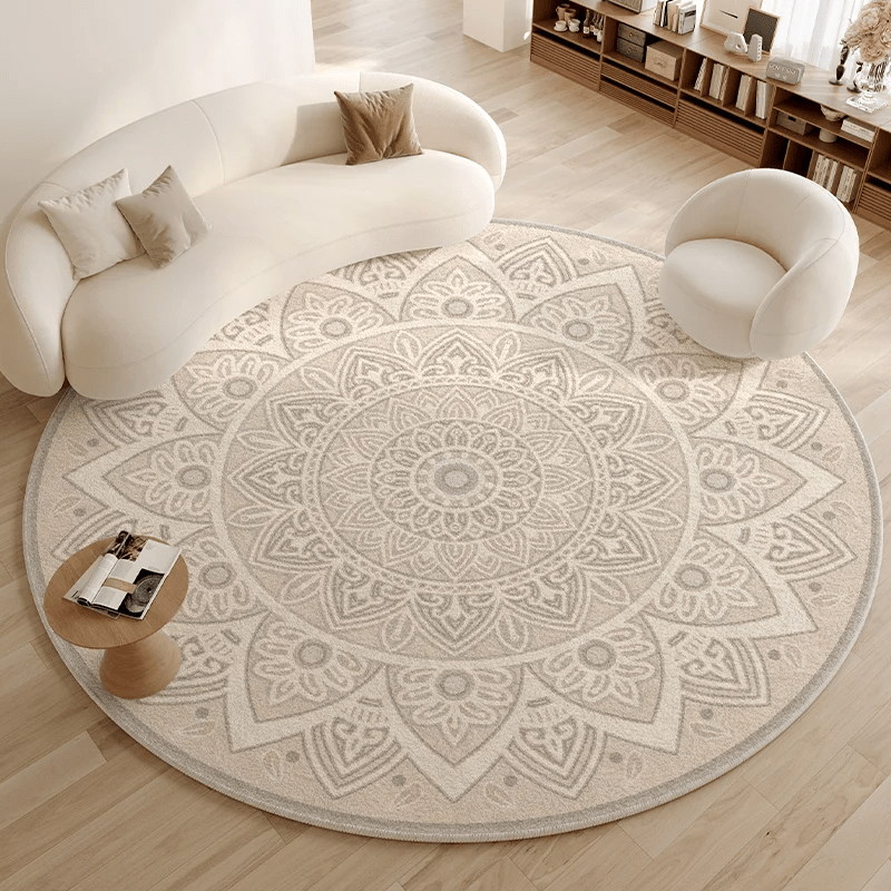 Tapis rond mandala beige, deux dessins tracés au compas