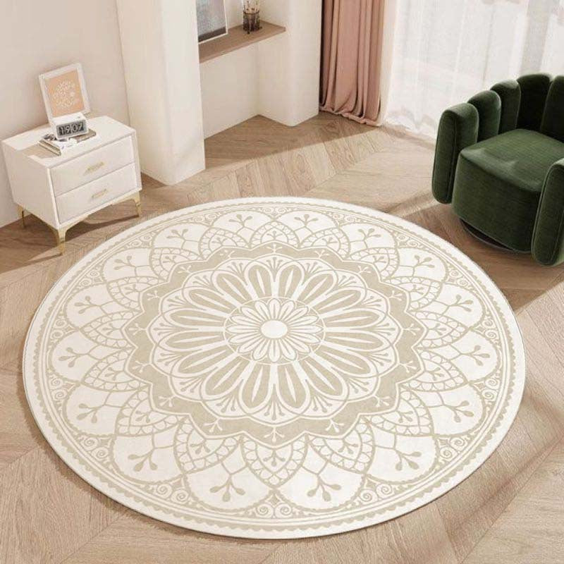 Tapis rond mandala beige, deux dessins tracés au compas