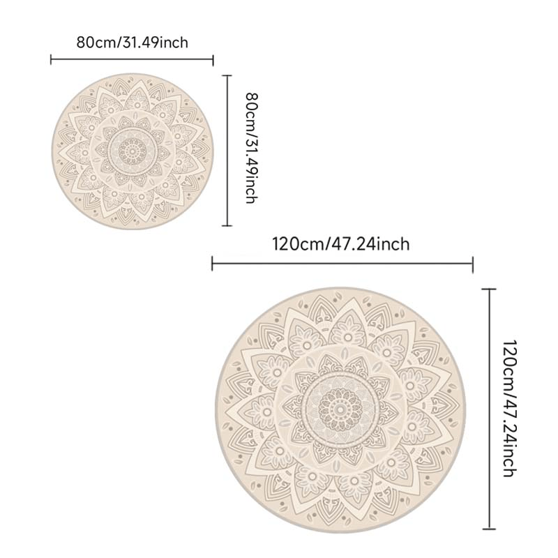 Tapis rond mandala beige, deux dessins tracés au compas