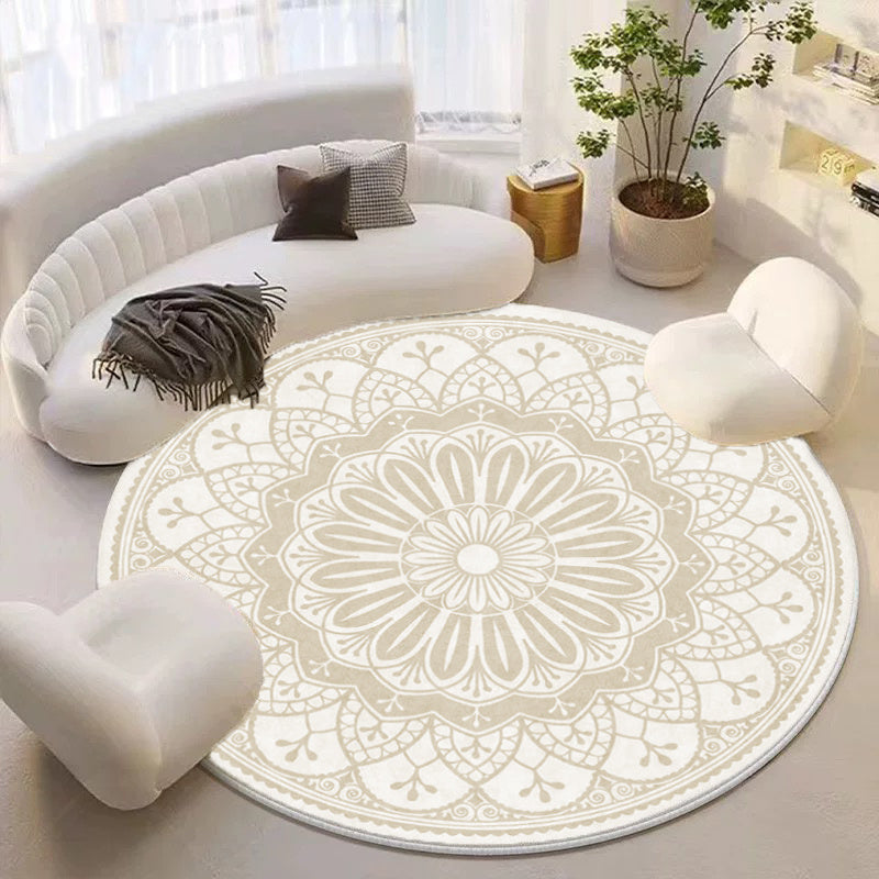 Tapis rond mandala beige, deux dessins tracés au compas