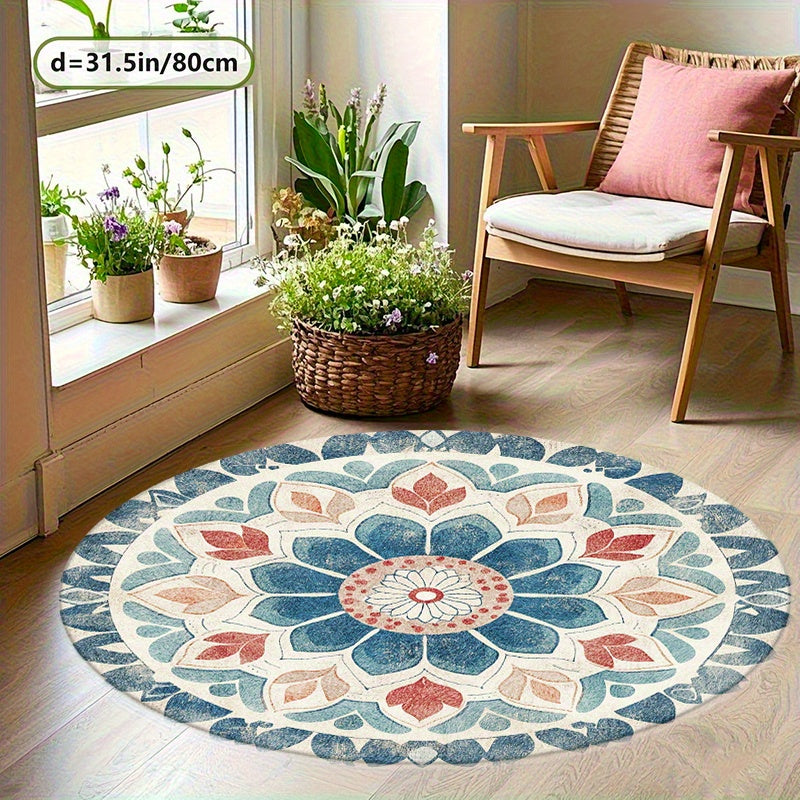 Tapis rond mandala bleu, crème et terracotta, Ø 80 à 200 cm