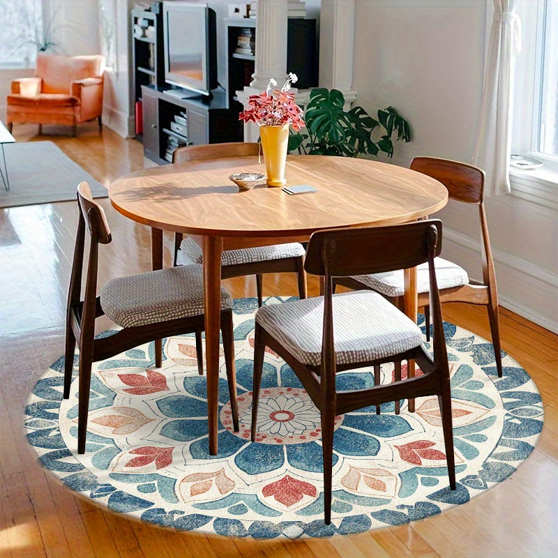 Tapis rond mandala bleu, crème et terracotta, Ø 80 à 200 cm