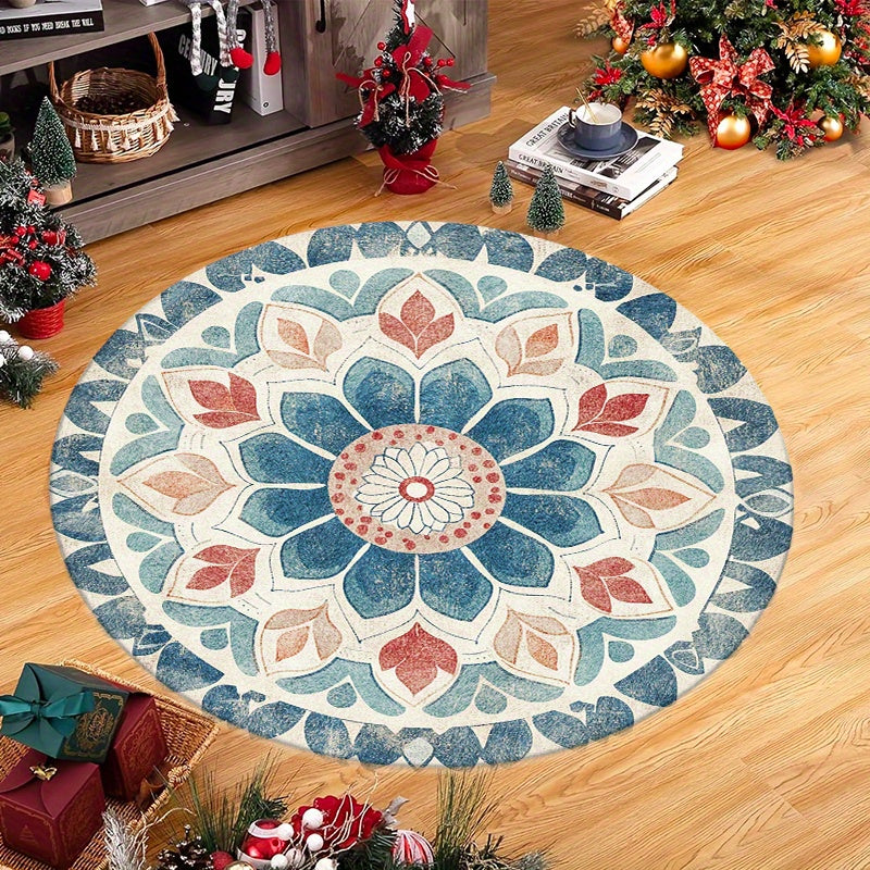 Tapis rond mandala bleu, crème et terracotta, Ø 80 à 200 cm