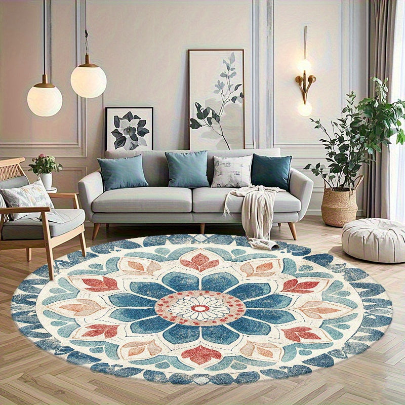 Tapis rond mandala bleu, crème et terracotta, Ø 80 à 200 cm