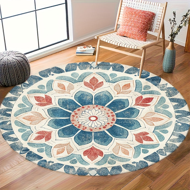 Tapis rond mandala bleu, crème et terracotta, Ø 80 à 200 cm