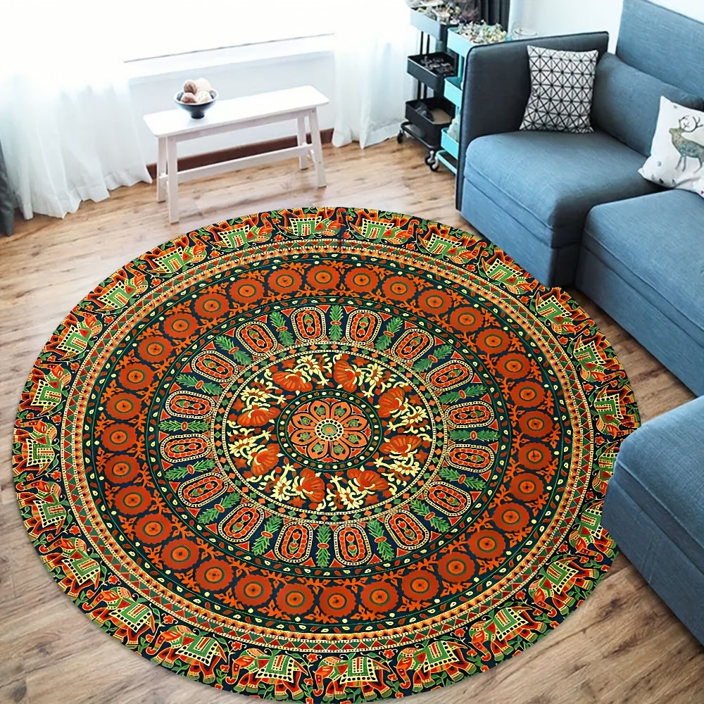 Tapis rond mandala bohème orange et vert, Ø 80 à 180 cm