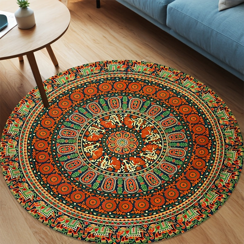 Tapis rond mandala bohème orange et vert, Ø 80 à 180 cm