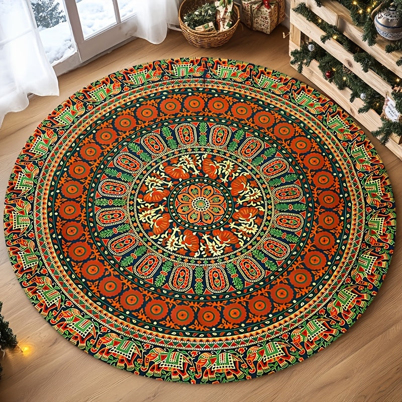 Tapis rond mandala bohème orange et vert, Ø 80 à 180 cm