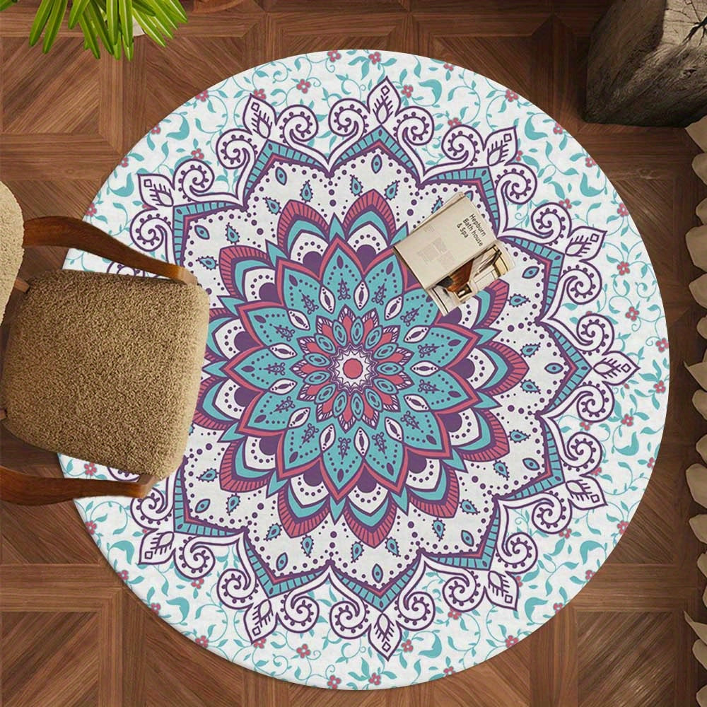 Tapis rond mandala bohème, velours touffeté lavable machine