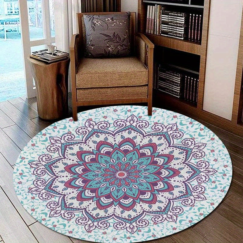 Tapis rond mandala bohème, velours touffeté lavable machine