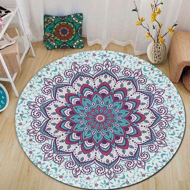 Tapis rond mandala bohème, velours touffeté lavable machine