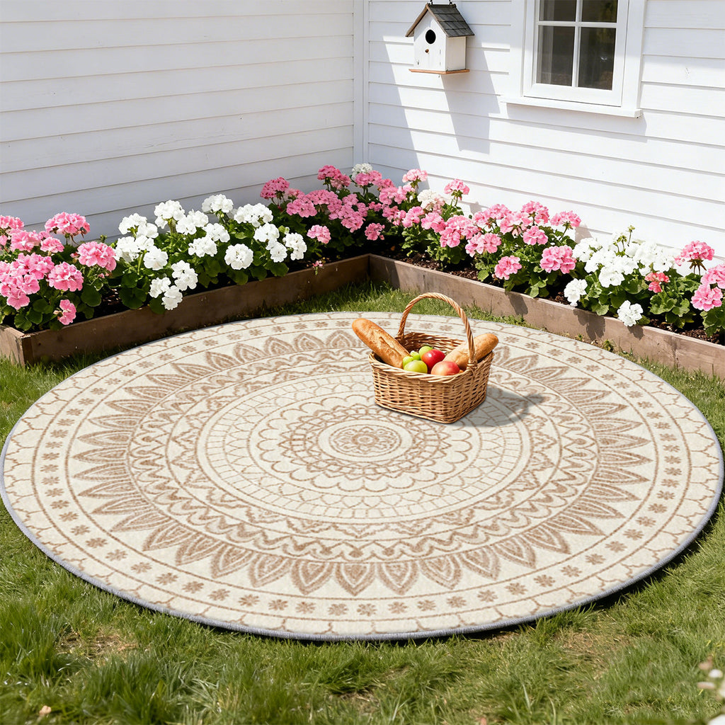 Tapis rond bohème crème à mandala beige, lavable en machine