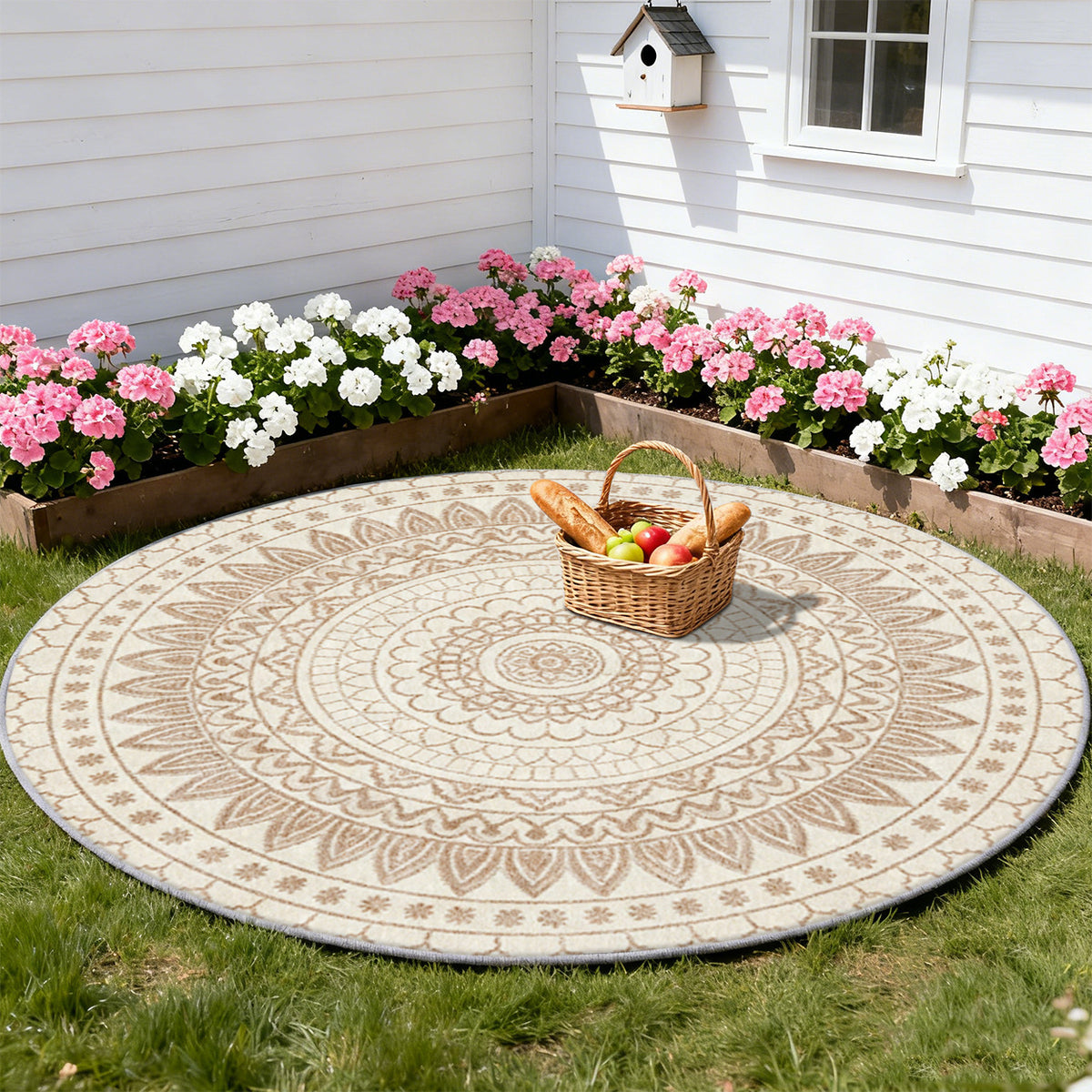 Tapis rond bohème crème à mandala beige, lavable en machine