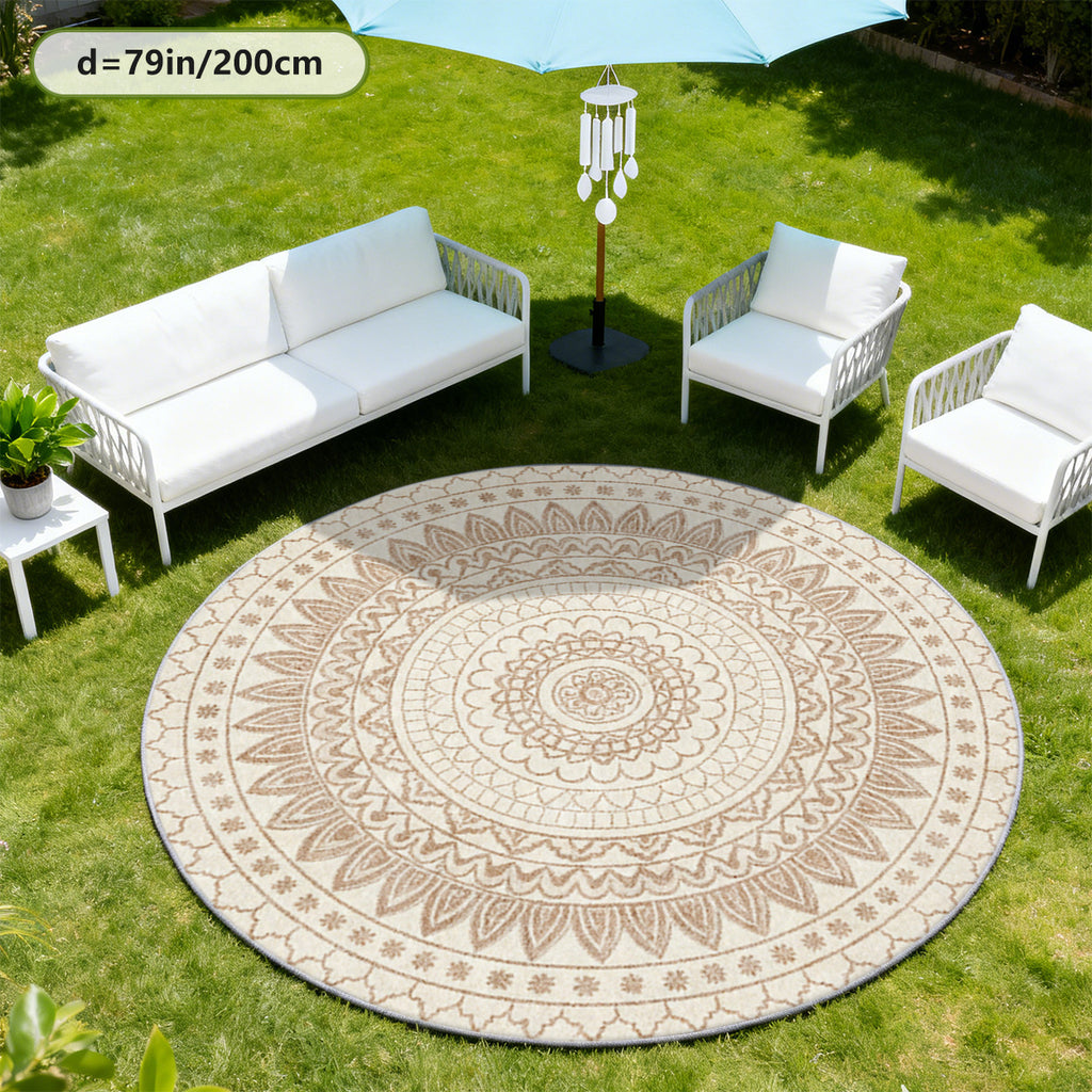 Tapis rond bohème crème à mandala beige, lavable en machine