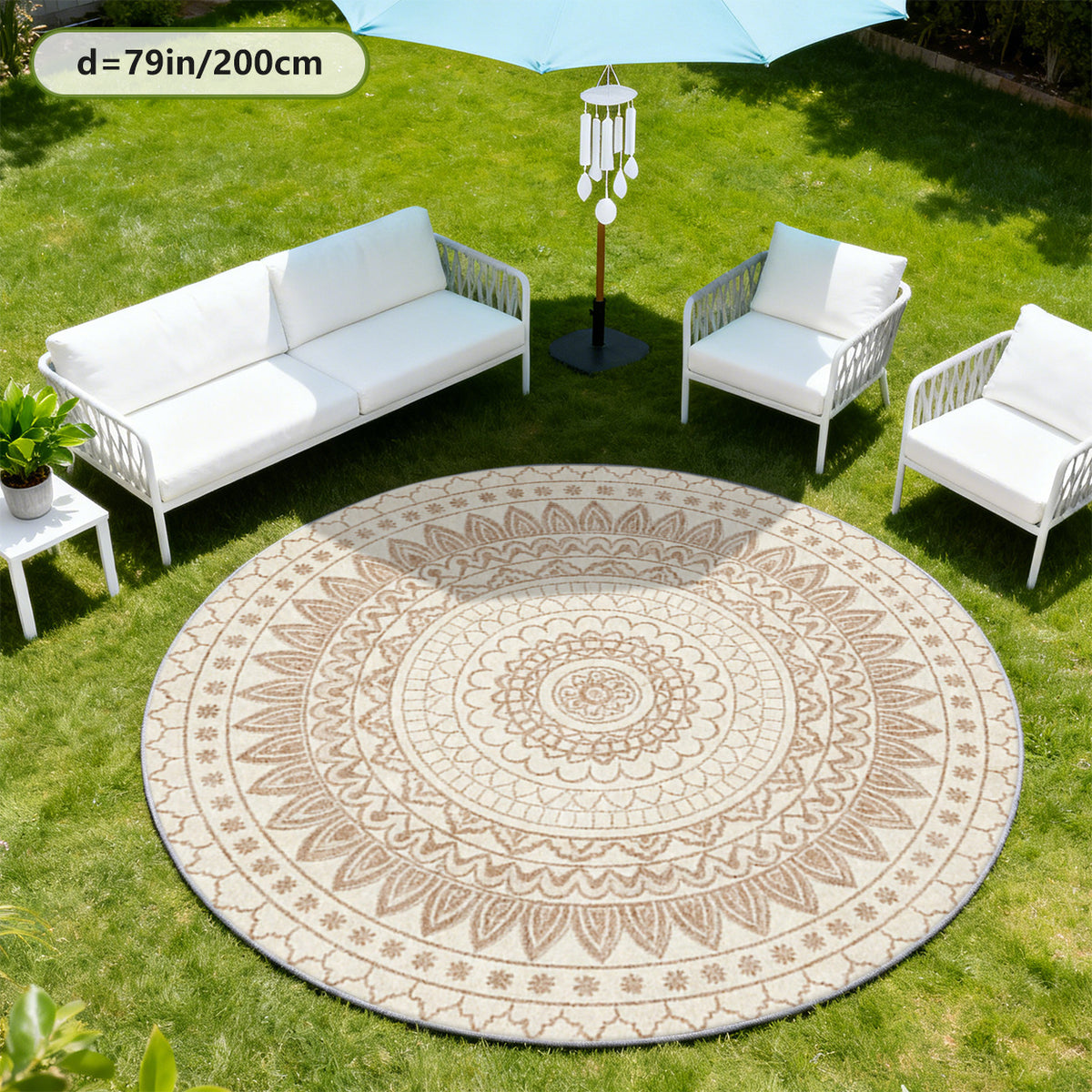Tapis rond bohème crème à mandala beige, lavable en machine