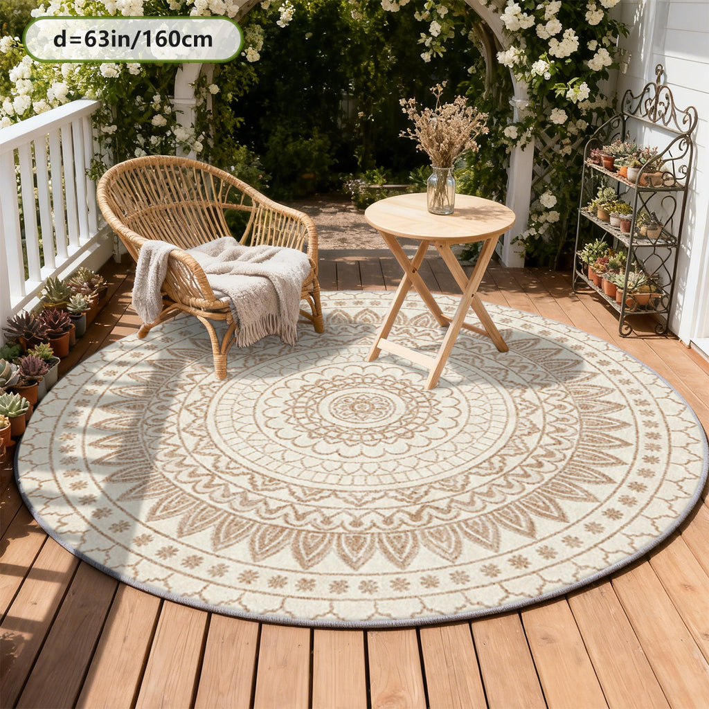Tapis rond bohème crème à mandala beige, lavable en machine