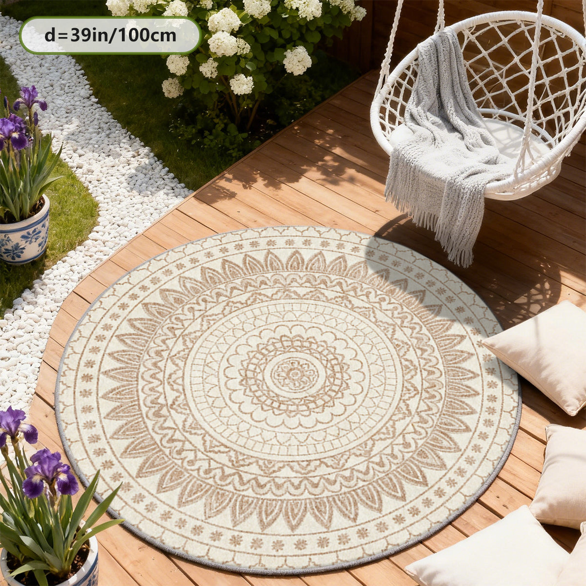 Tapis rond bohème crème à mandala beige, lavable en machine