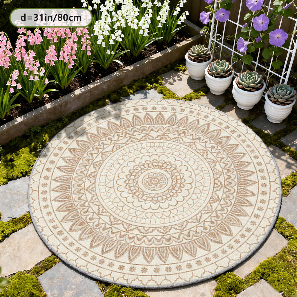 Tapis rond bohème crème à mandala beige, lavable en machine