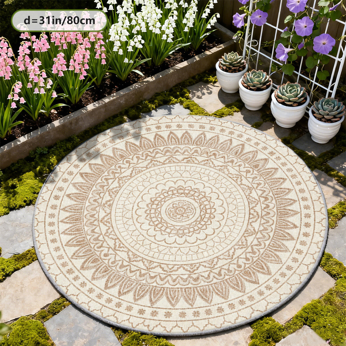 Tapis rond bohème crème à mandala beige, lavable en machine
