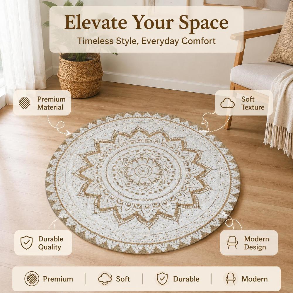 Tapis rond 150 cm à mandala tressé, écru et beige naturel