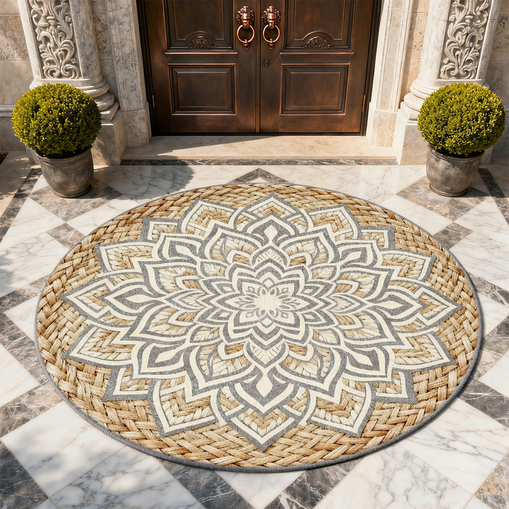 Tapis rond à mandala gris et beige sur fond tressé imprimé
