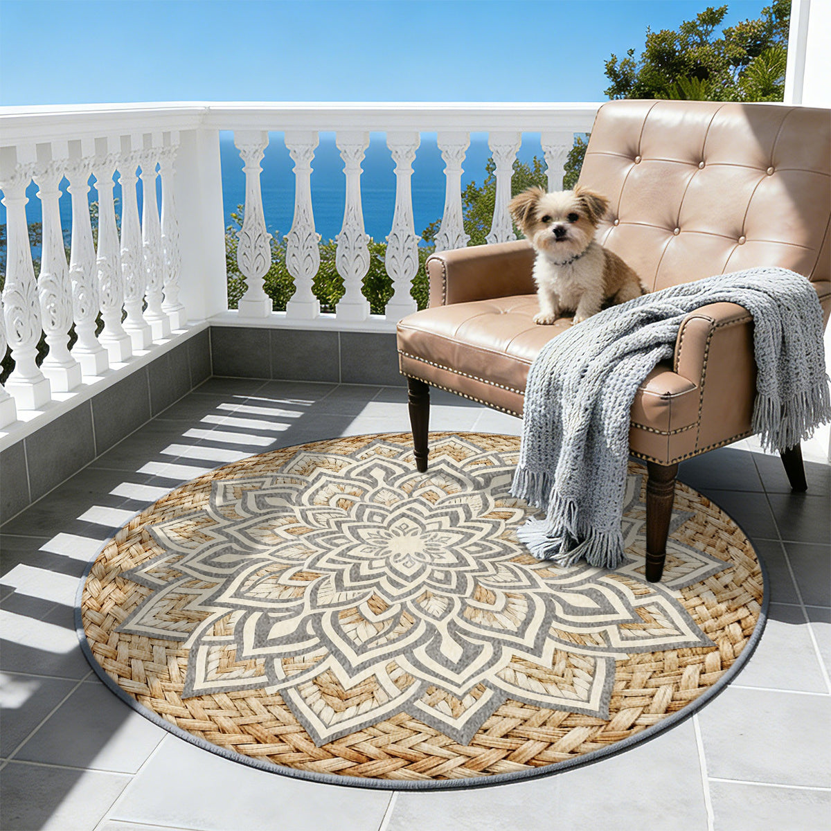 Tapis rond à mandala gris et beige sur fond tressé imprimé