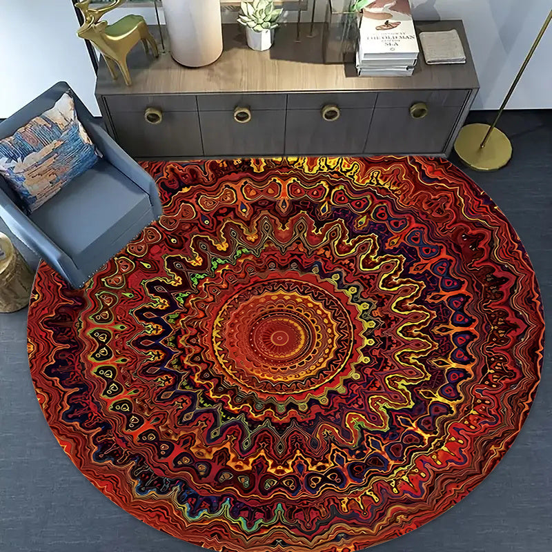 Tapis rond mandala marbré rouge et orange, Ø 60 à 120 cm