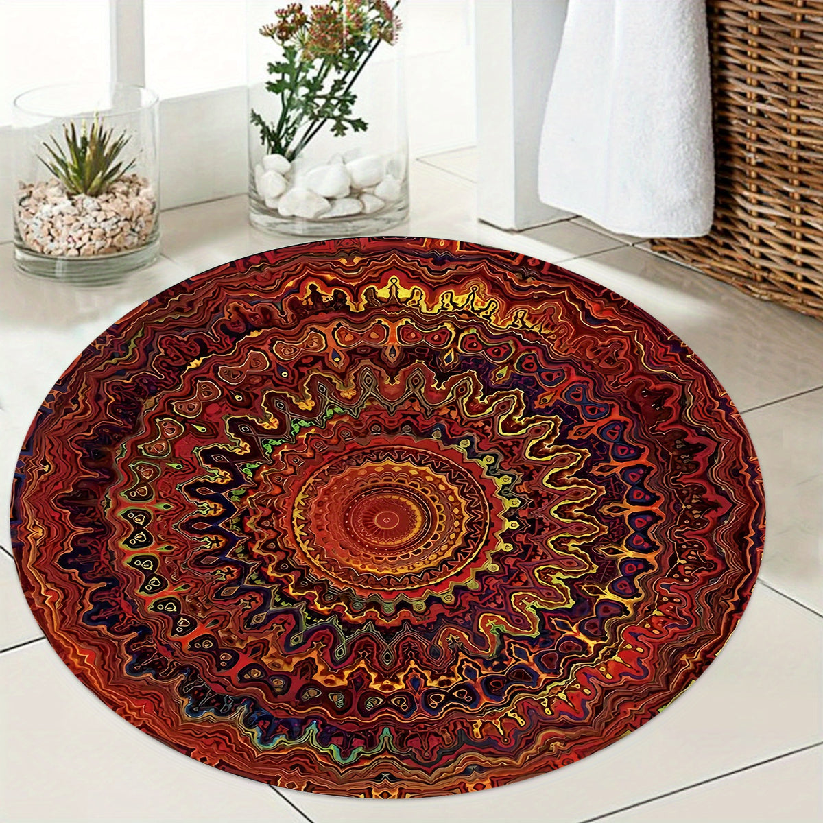 Tapis rond mandala marbré rouge et orange, Ø 60 à 120 cm