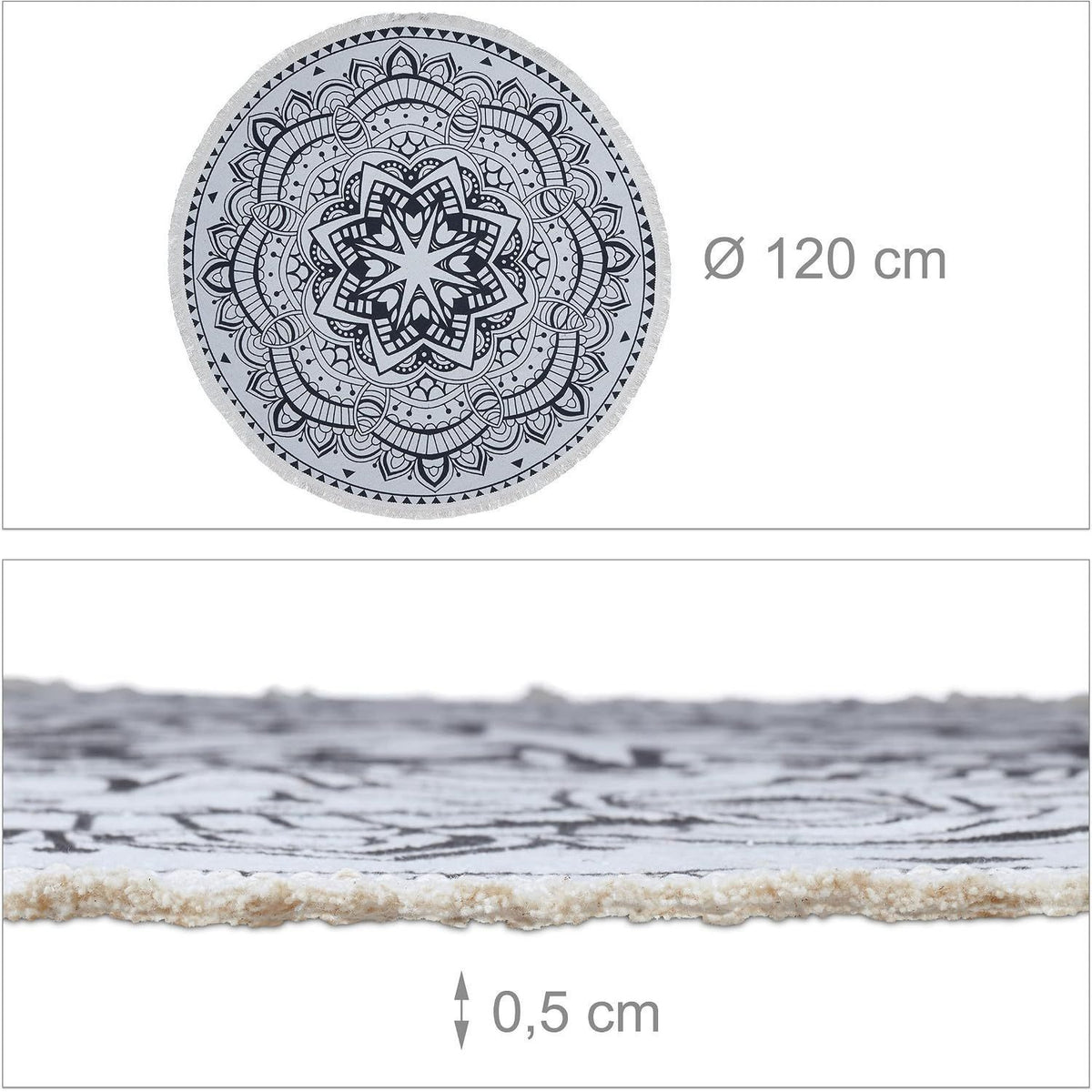 Tapis rond mandala noir sur coton écru, Ø 120 cm à franges