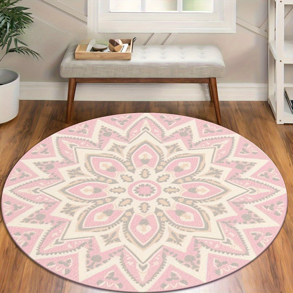 Tapis rond rosace rose et crème à douze pétales, Ø 100 à 160