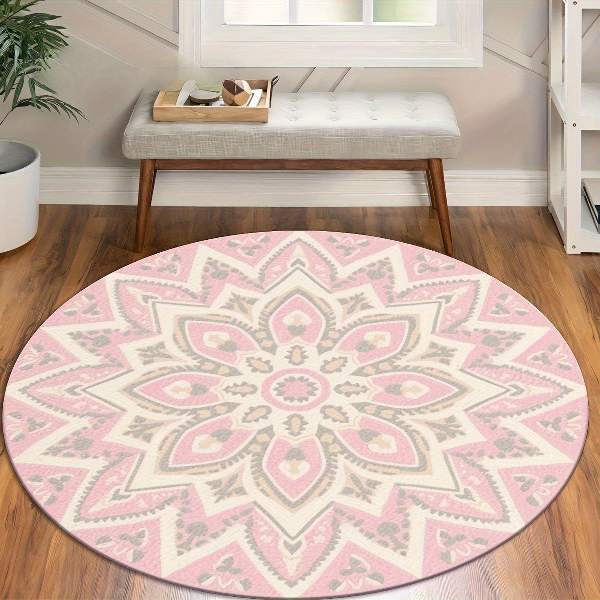 Tapis rond rosace rose et crème à douze pétales, Ø 100 à 160