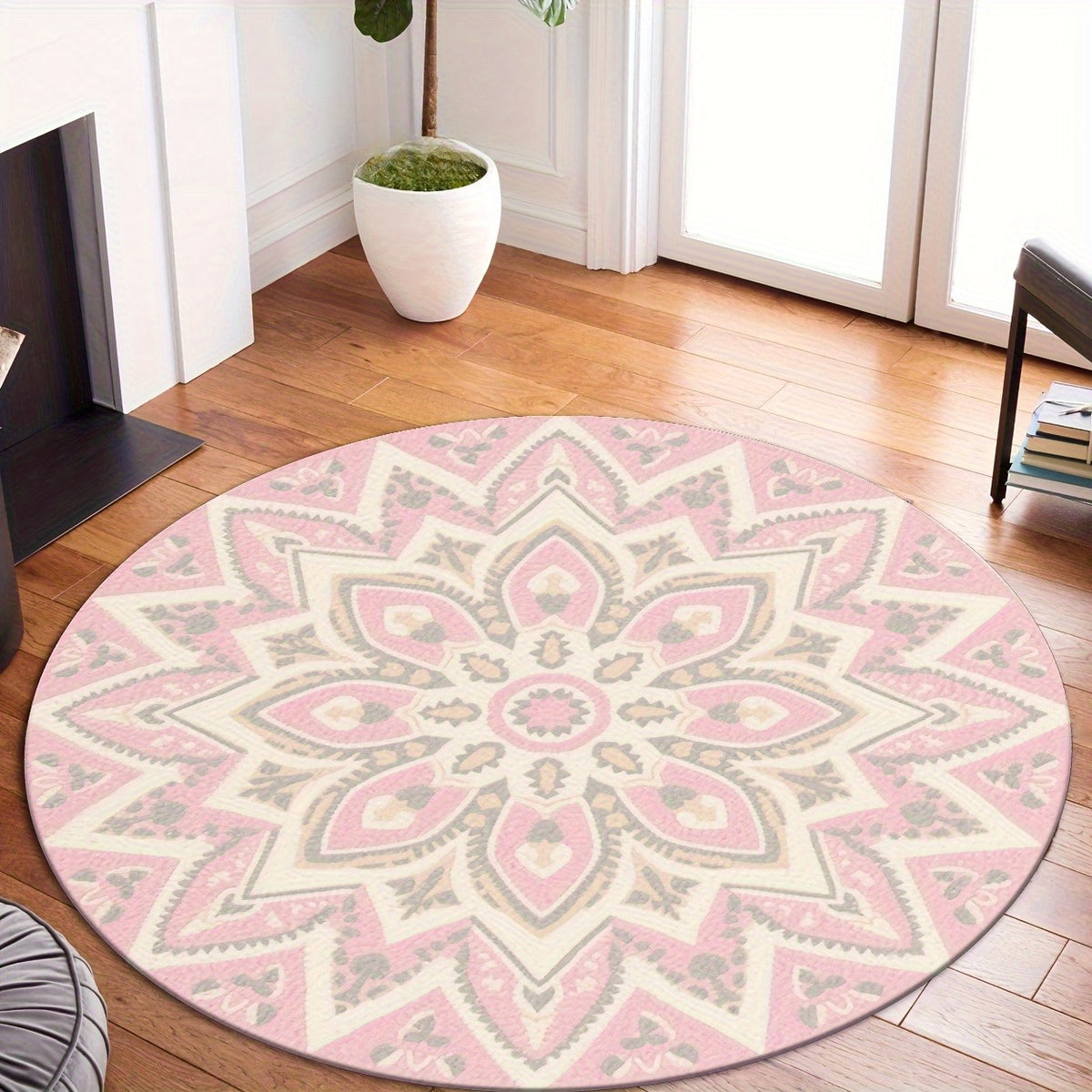 Tapis rond rosace rose et crème à douze pétales, Ø 100 à 160