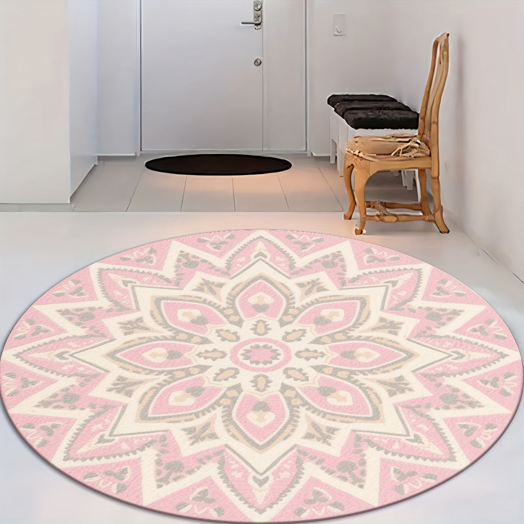 Tapis rond rosace rose et crème à douze pétales, Ø 100 à 160