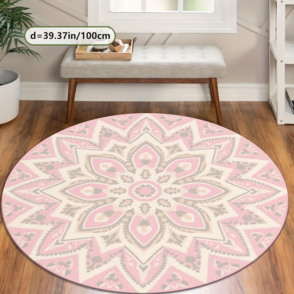 Tapis rond rosace rose et crème à douze pétales, Ø 100 à 160