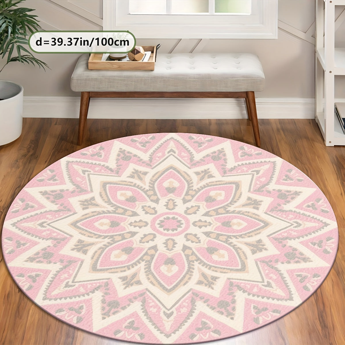 Tapis rond rosace rose et crème à douze pétales, Ø 100 à 160