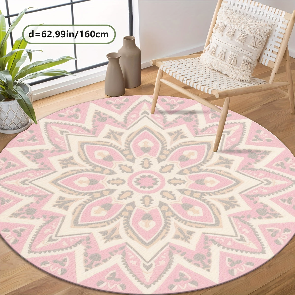 Tapis rond rosace rose et crème à douze pétales, Ø 100 à 160