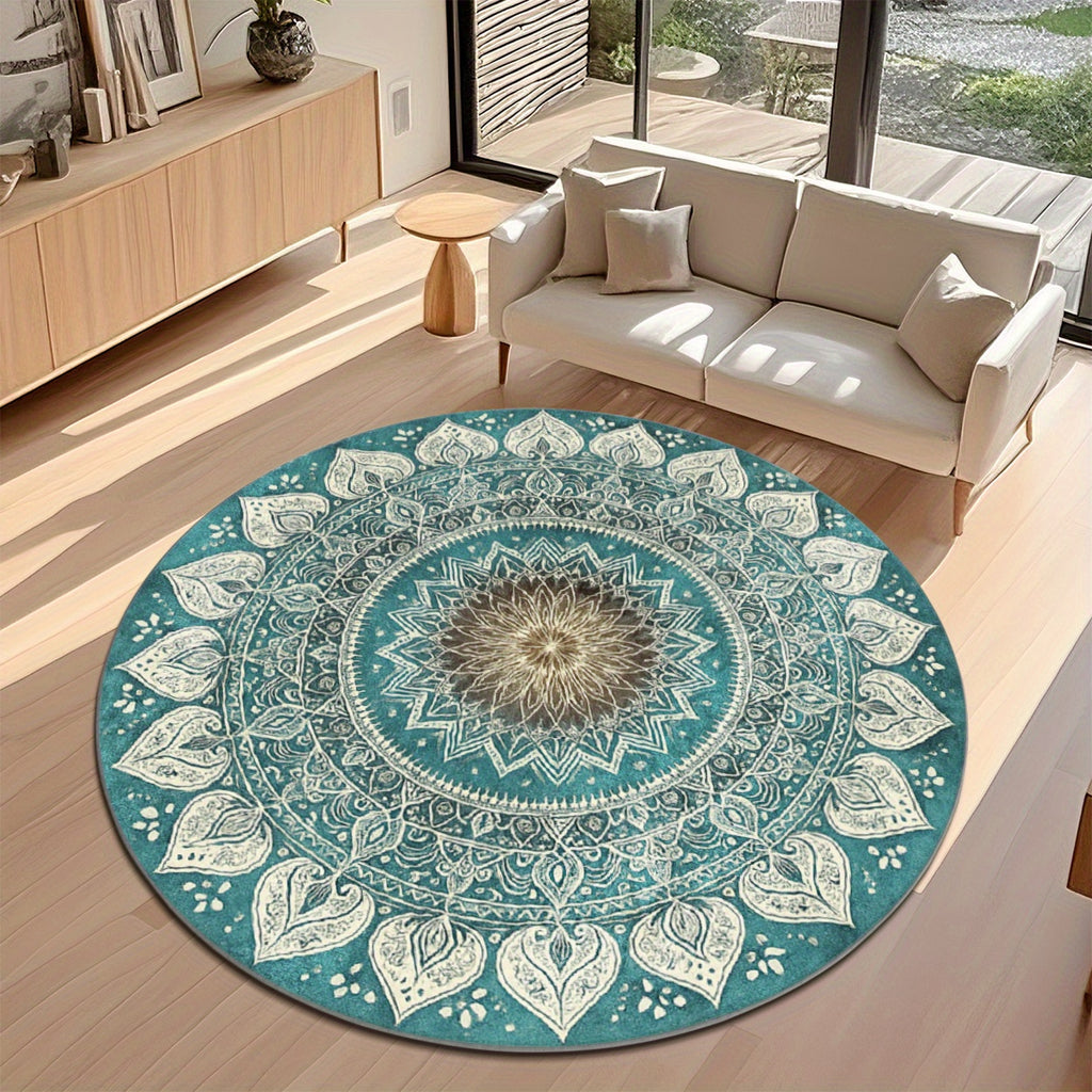 Tapis rond mandala turquoise et ivoire, quatre formats au choix