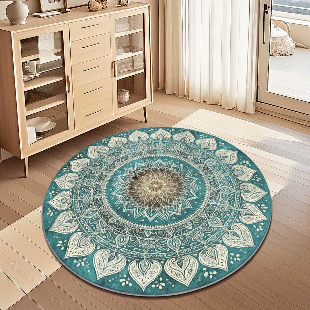 Tapis rond mandala turquoise et ivoire, quatre formats au choix