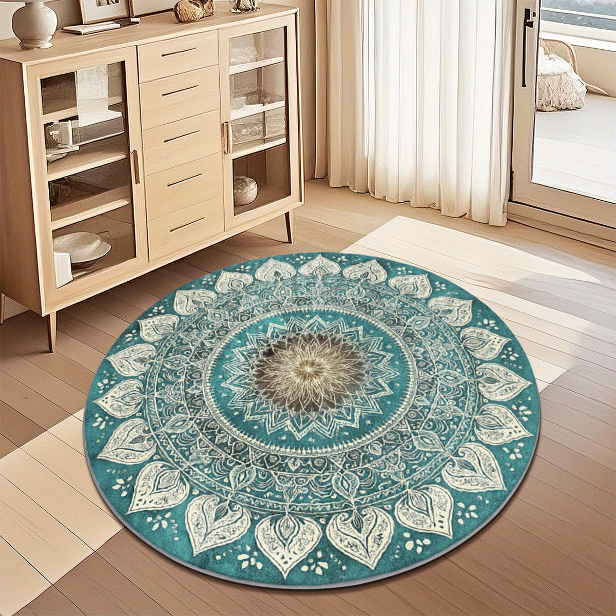 Tapis rond mandala turquoise et ivoire, quatre formats au choix