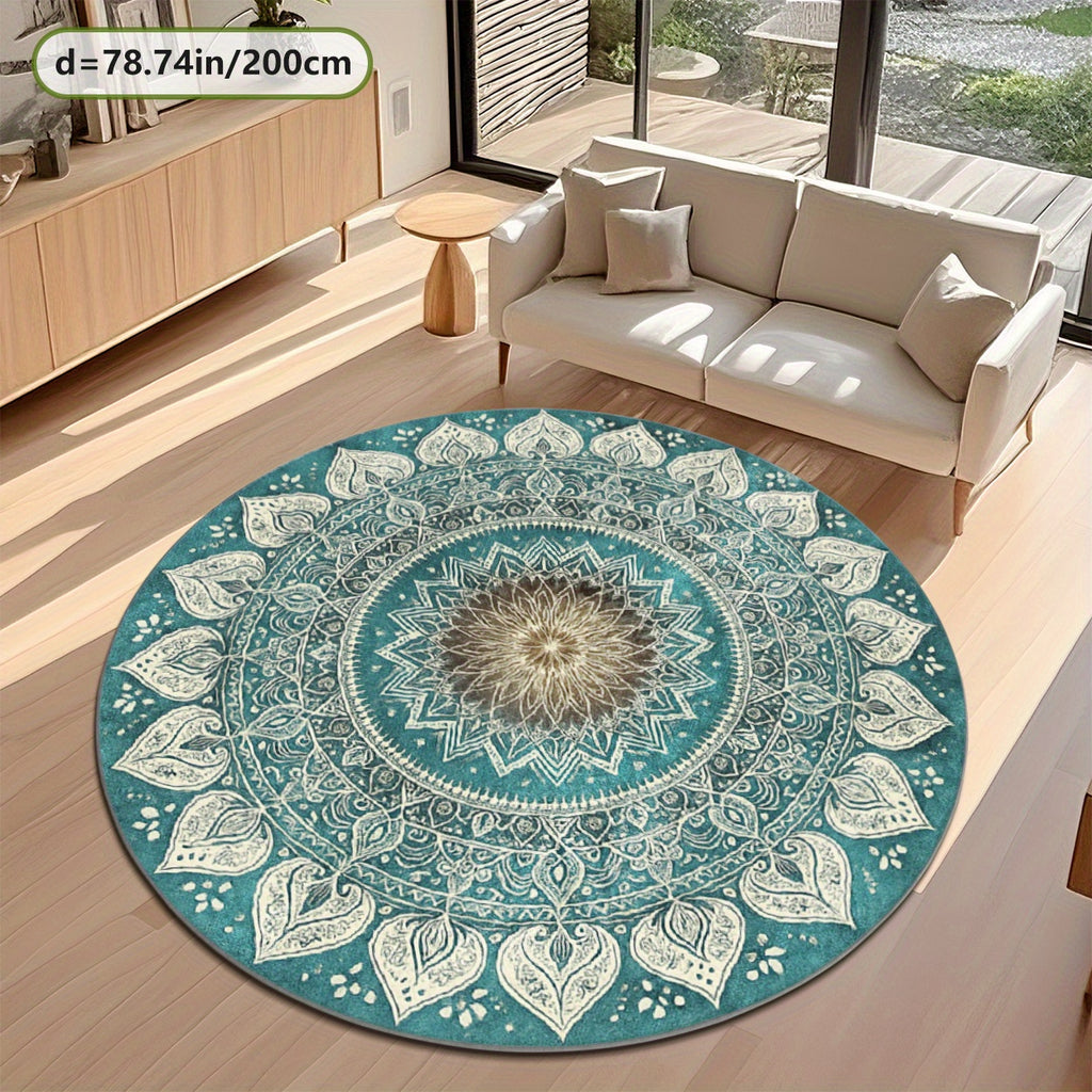 Tapis rond mandala turquoise et ivoire, quatre formats au choix