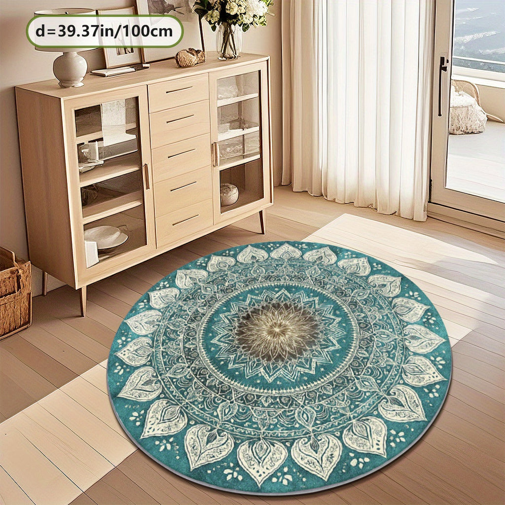 Tapis rond mandala turquoise et ivoire, quatre formats au choix