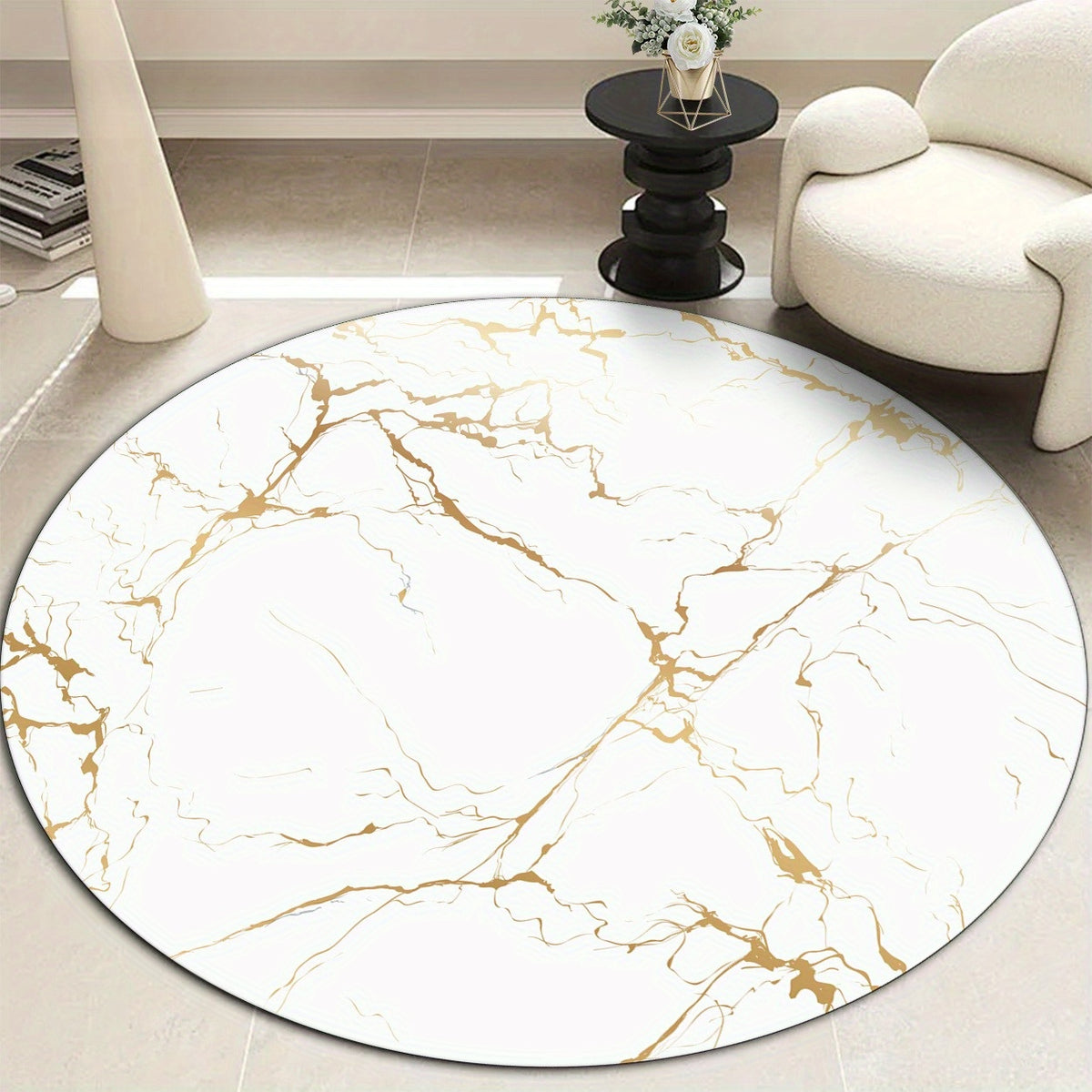 Tapis rond blanc marbré veiné or, Ø 120 cm en polyester