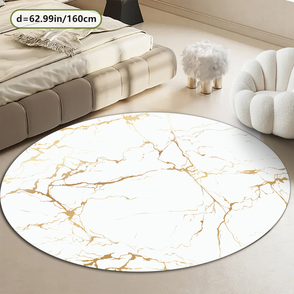 Tapis rond blanc marbré veiné or, Ø 120 cm en polyester