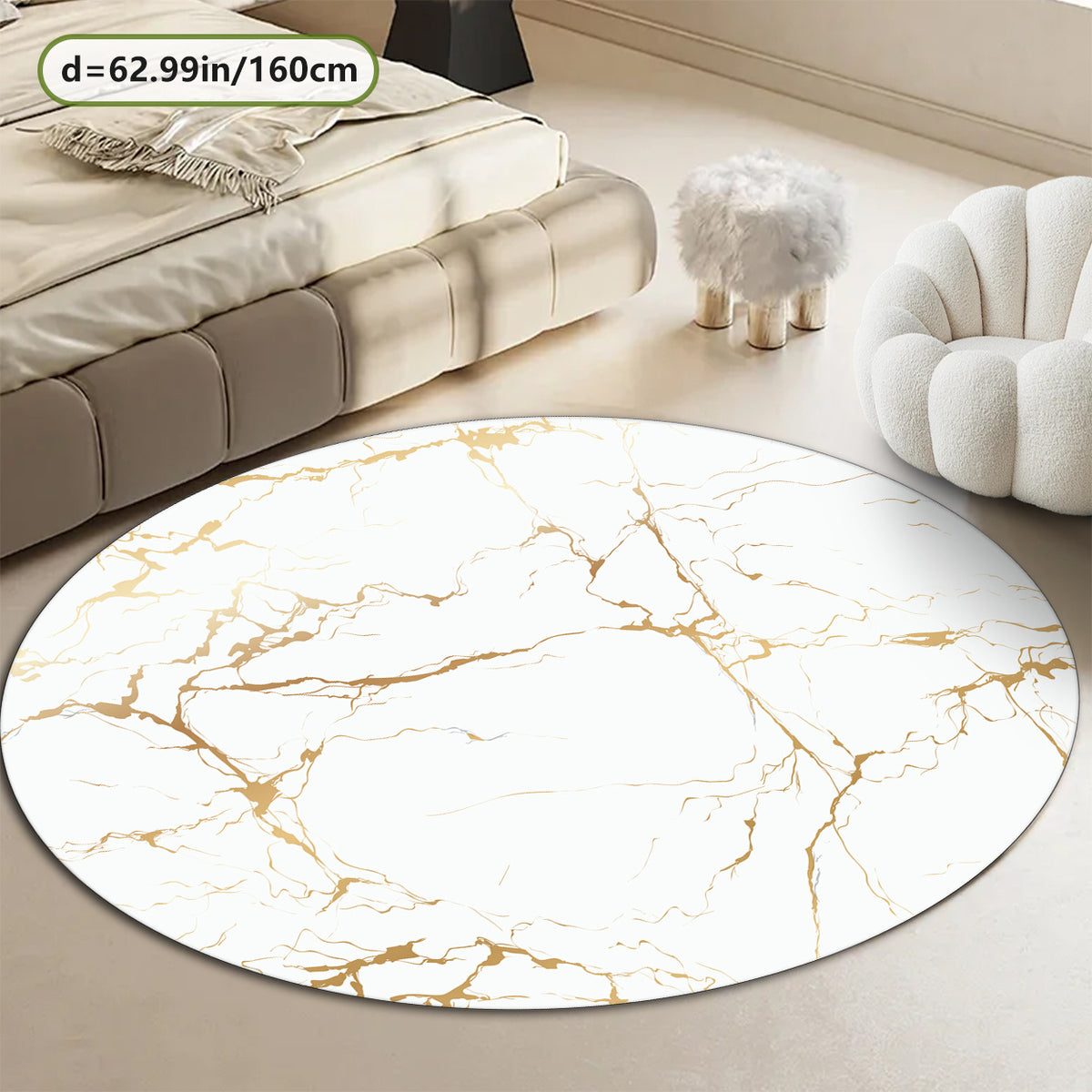 Tapis rond blanc marbré veiné or, Ø 120 cm en polyester