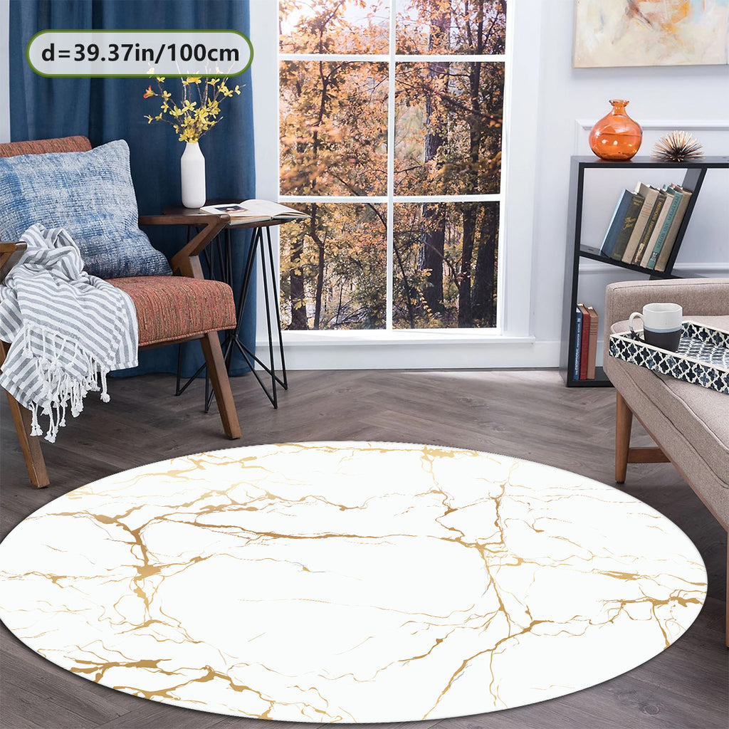 Tapis rond blanc marbré veiné or, Ø 120 cm en polyester