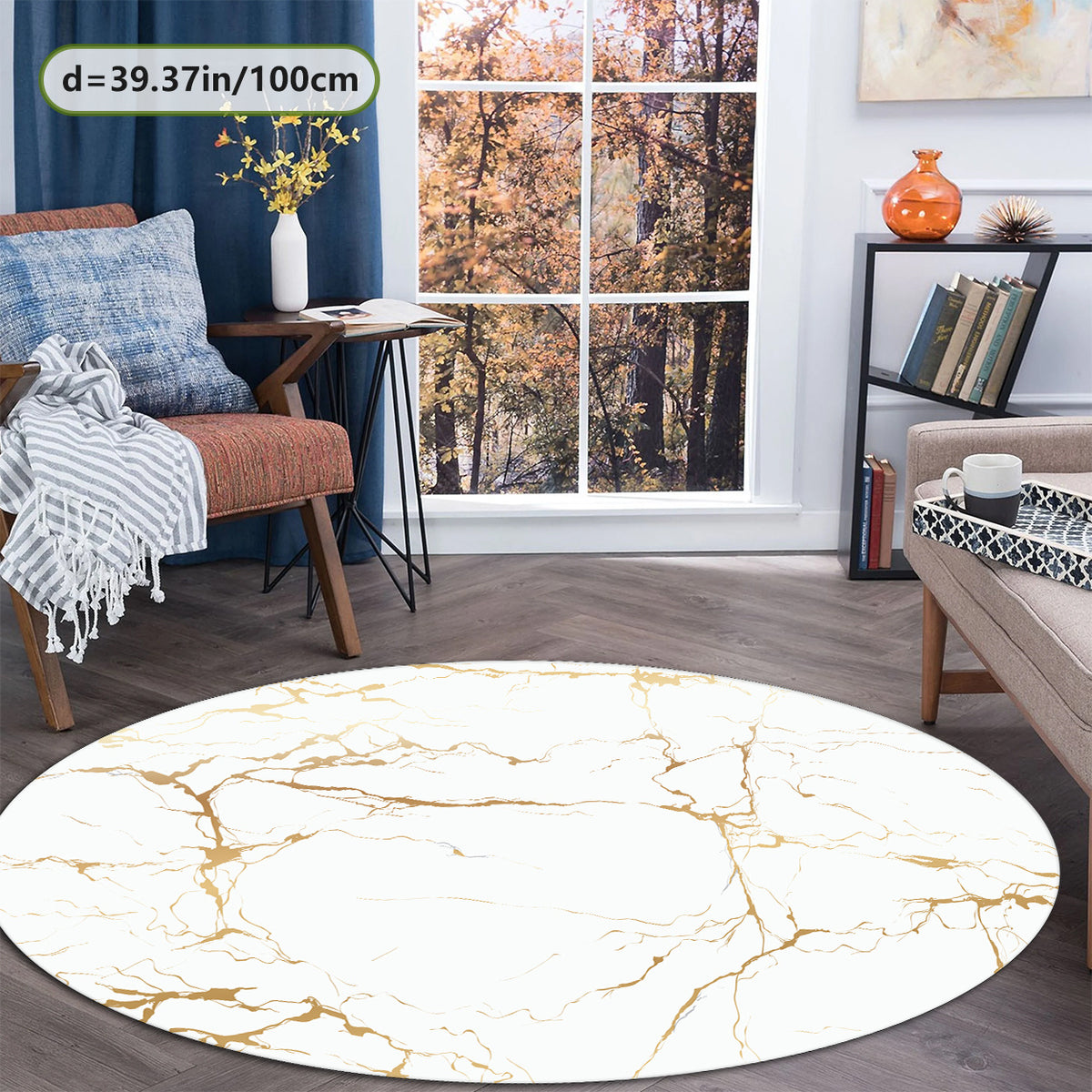 Tapis rond blanc marbré veiné or, Ø 120 cm en polyester