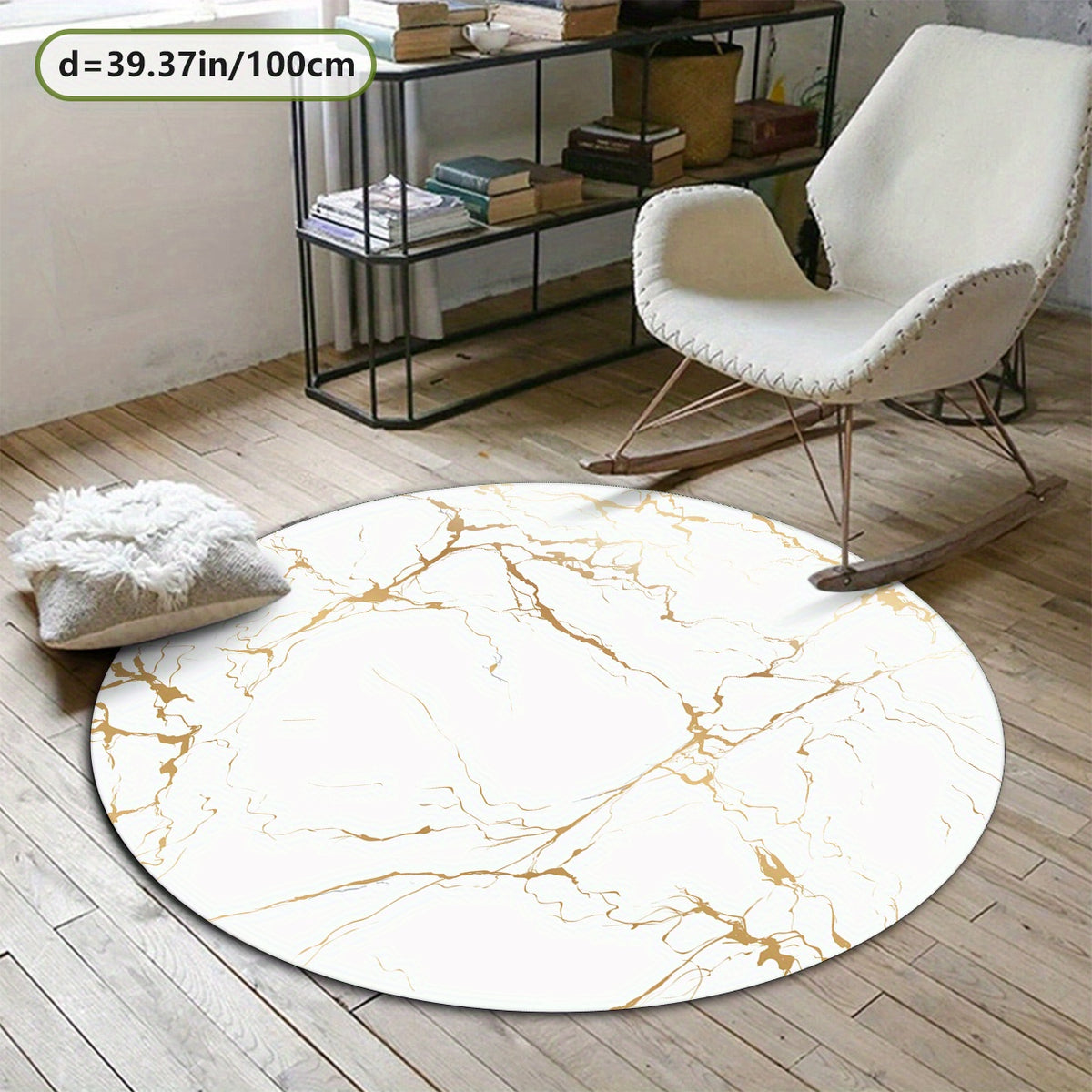 Tapis rond blanc marbré veiné or, Ø 120 cm en polyester
