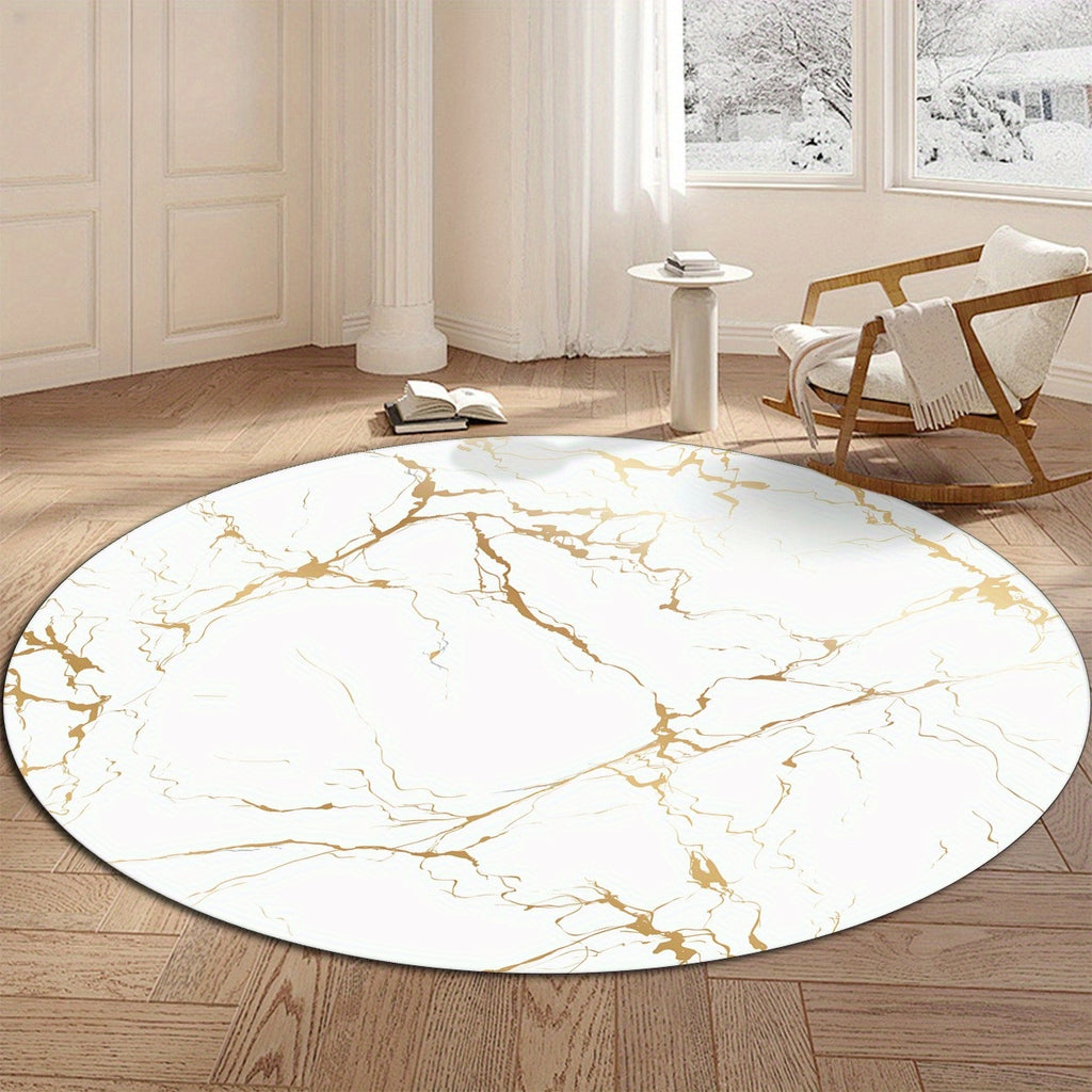 Tapis rond blanc marbré veiné or, Ø 120 cm en polyester