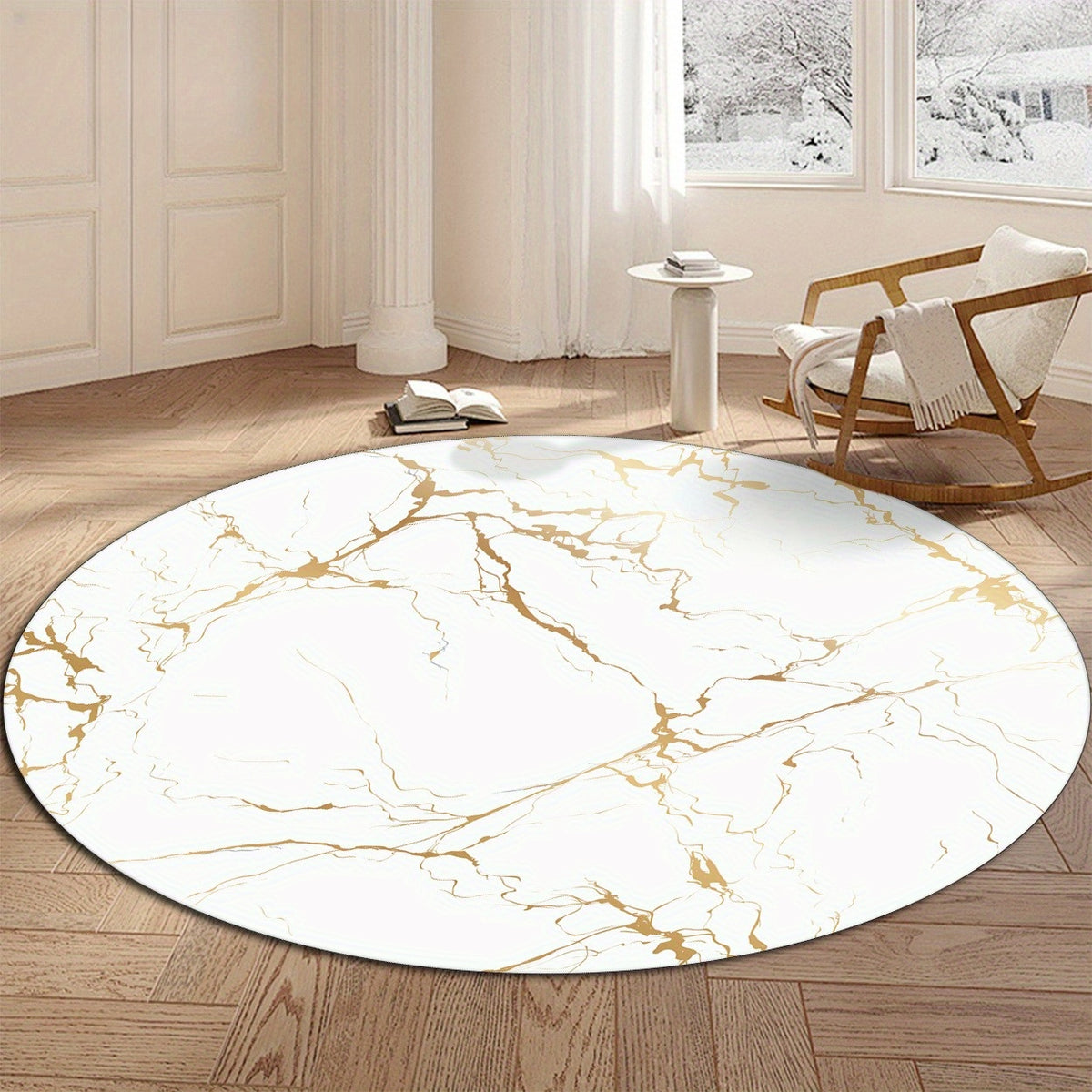 Tapis rond blanc marbré veiné or, Ø 120 cm en polyester